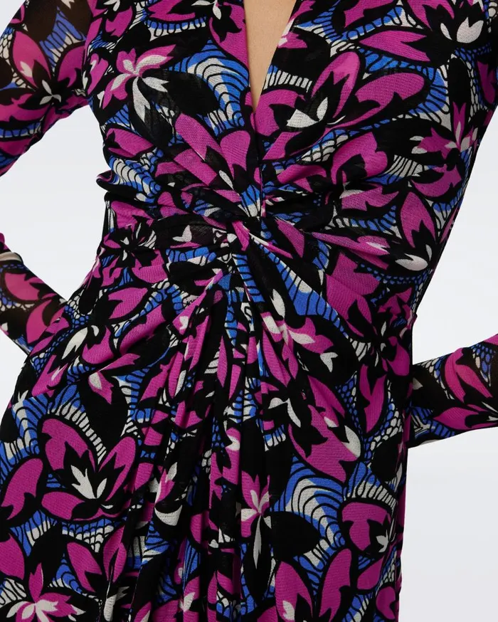 DVF Dresses Women Kassia Mesh Dress Fishnet Floral Purple Blush