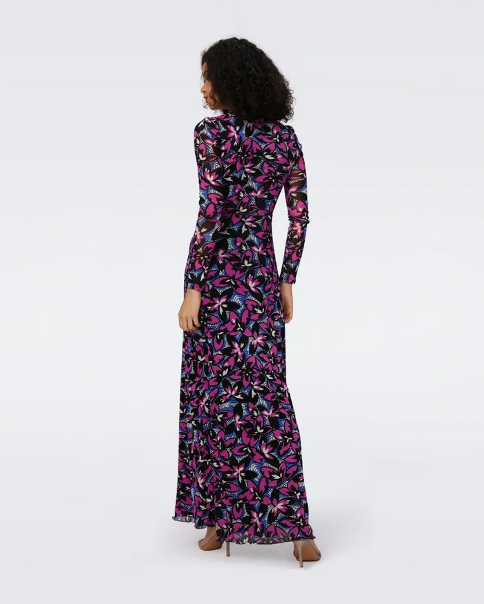 DVF Dresses Women Kassia Mesh Dress Fishnet Floral Purple Blush