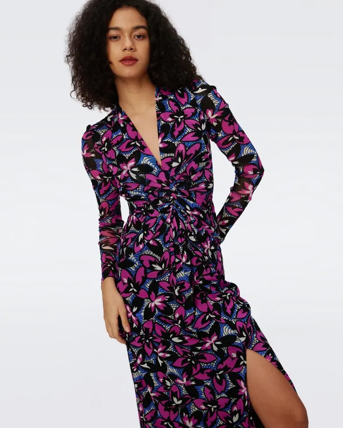 DVF Dresses Women Kassia Mesh Dress Fishnet Floral Purple Blush