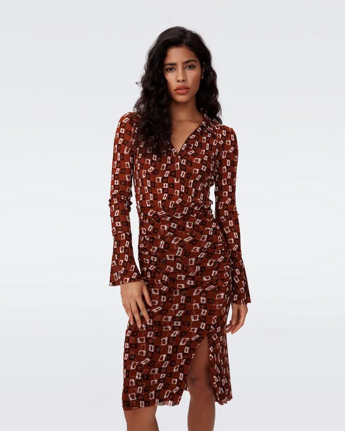DVF Dresses Women Lilly Mesh Dress Tiny Chain Spots Brown