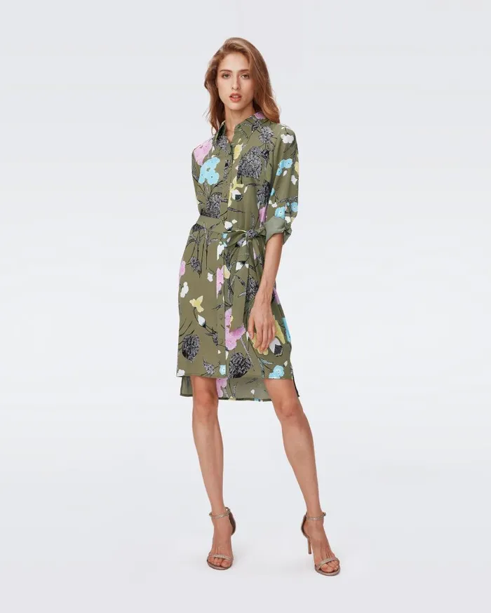 DVF Dresses Women Prita Shirt Dress Festival Floral Olive