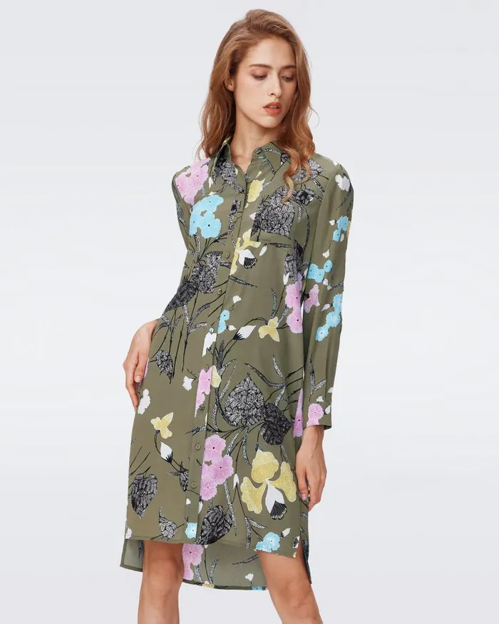 DVF Dresses Women Prita Shirt Dress Festival Floral Olive