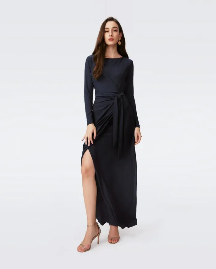 DVF Dresses Women Simona Faux Wrap Dress Metallic Midnight