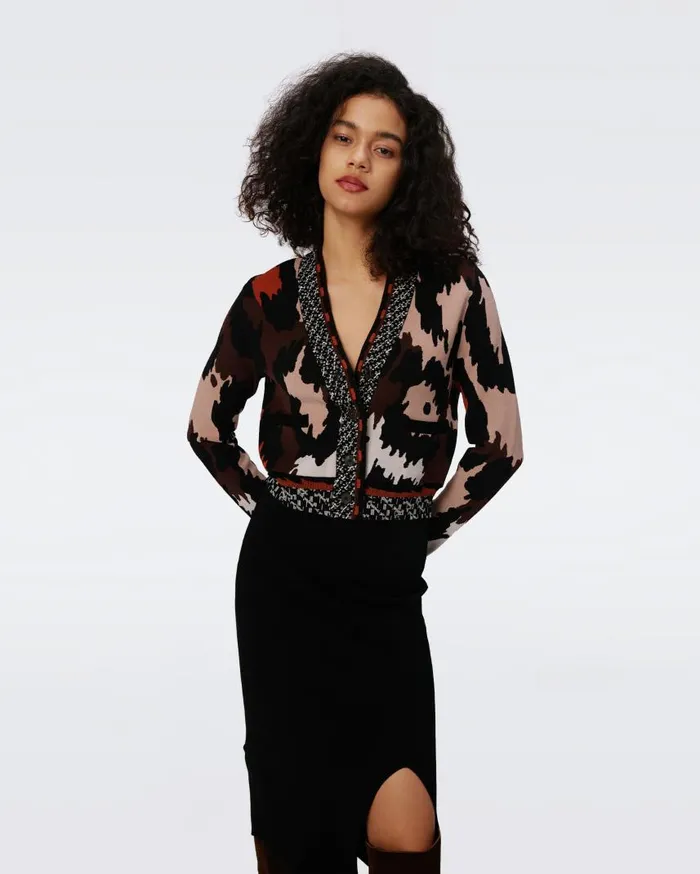 DVF Sweaters and Knits Women Midge Knit Jacquard Cardigan Huge Jungle Cat