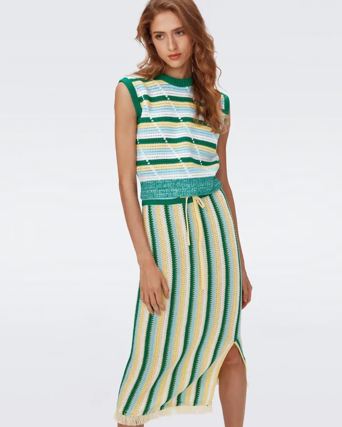 DVF Tops Women Casey Crochet Top Summer Stripe Yellow