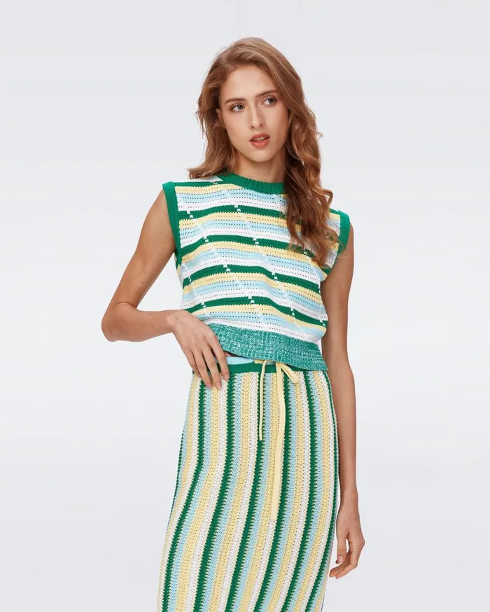 DVF Tops Women Casey Crochet Top Summer Stripe Yellow