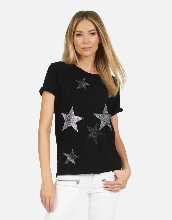 Edda X Crystal Multi Stars Black Women Lauren Moshi Short Sleeve