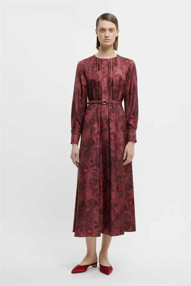 Emilia Wickstead Bahiti Dress In Red Rose On Marble Print Silk Twill Women Dresses
