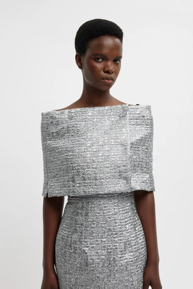 Emilia Wickstead Bibiana Wrap In Silver Metallic Seersucker Women Jackets And Coats