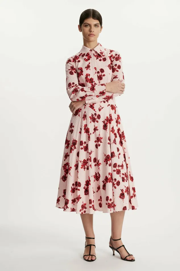 Emilia Wickstead Jancine Dress In Red Rose Stem Floral Print Cotton Women Dresses