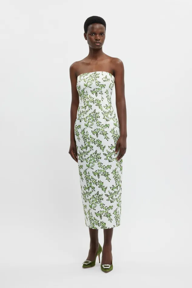 Emilia Wickstead Leila Dress In Blue Roses On White Taffeta Faille Women Dresses