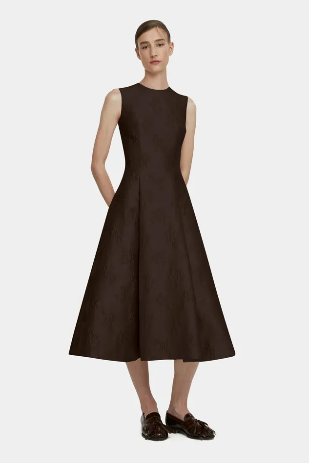 Emilia Wickstead Mara Dark Brown Ditsy Floral Jacquard Dress Women Dresses