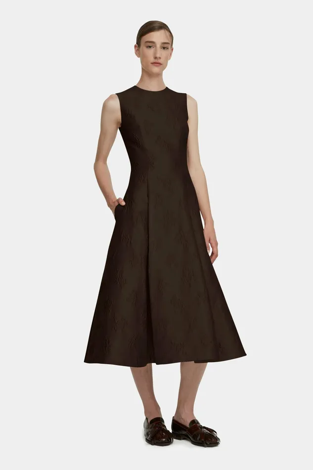 Emilia Wickstead Mara Dark Brown Ditsy Floral Jacquard Dress Women Dresses