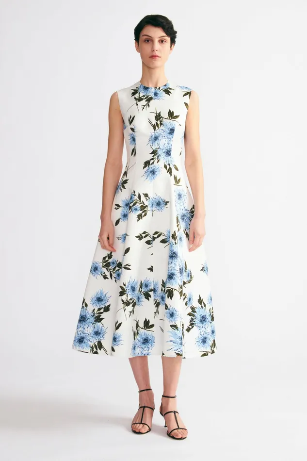Emilia Wickstead Mara Dress Blue Dahlia Floral Print Taffeta Faille Women Dresses