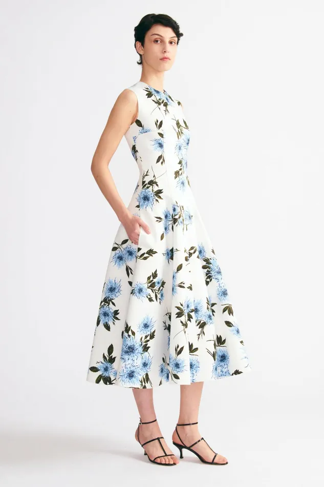 Emilia Wickstead Mara Dress Blue Dahlia Floral Print Taffeta Faille Women Dresses Emilia Wickstead Mara Dress Blue Dahlia Floral Print Taffeta Faille Women Dresses