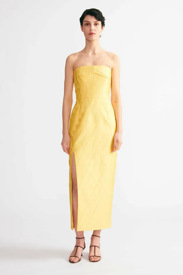 Emilia Wickstead Pola Strapless Dress In Lemon Embossed Cloque Women Dresses