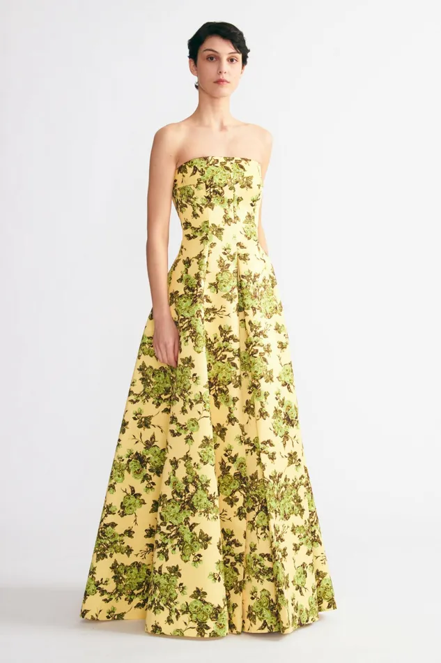 Emilia Wickstead Ragna Gown Green Rose Floral Print Taffeta Faille Women Gowns