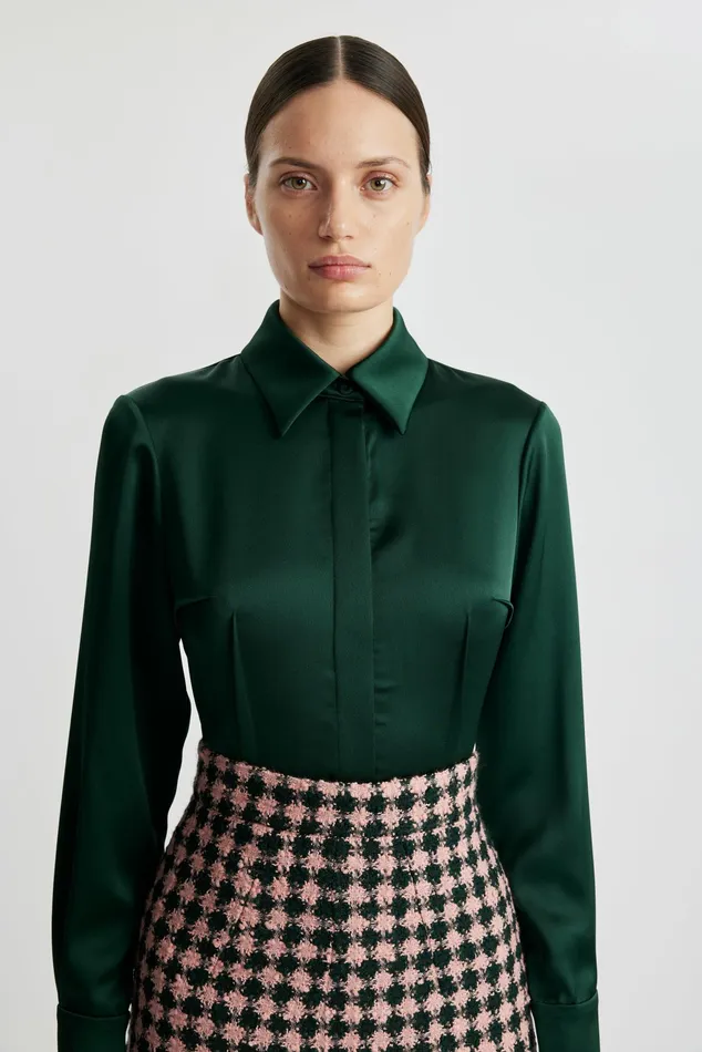 Emilia Wickstead Ravanne Emerald Green Satin Shirt Women Shirts and Tops