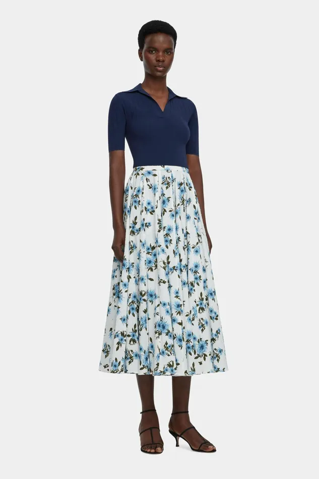 Emilia Wickstead Rhea Skirt In Blue Dahlia Floral Print Cotton Women Skirts