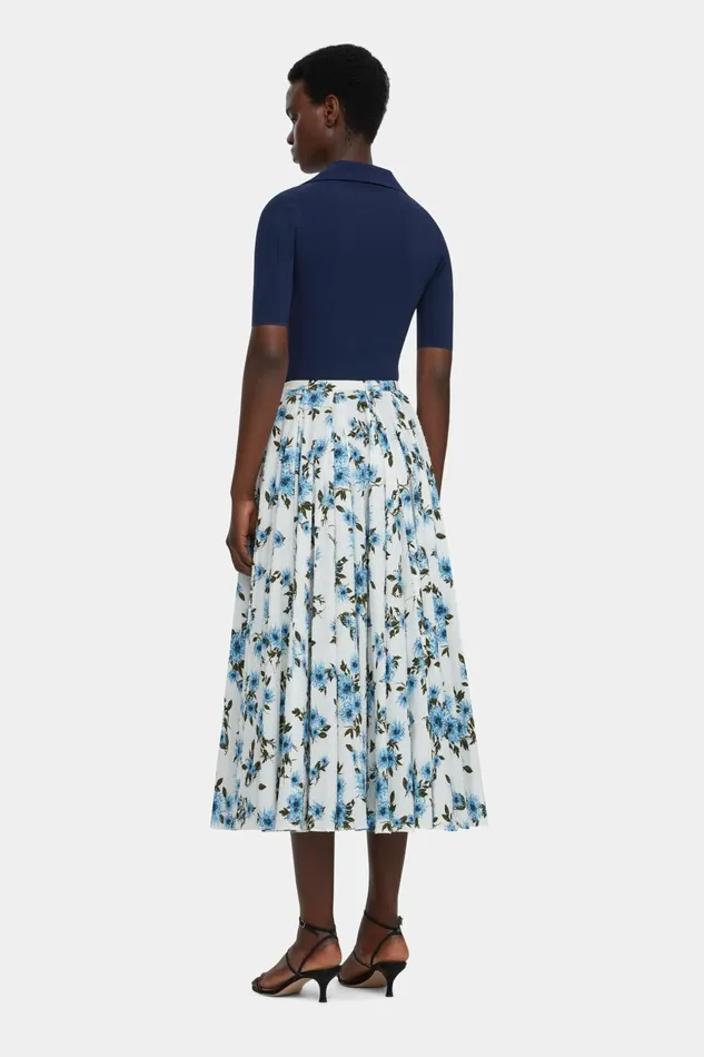 Emilia Wickstead Rhea Skirt In Blue Dahlia Floral Print Cotton Women Skirts