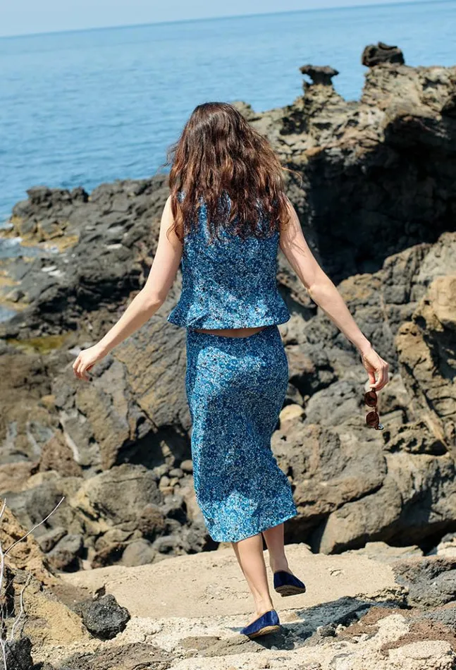 Emilie Blue Print Knee Length Satin Skirt Women Ciao Lucia Skirts