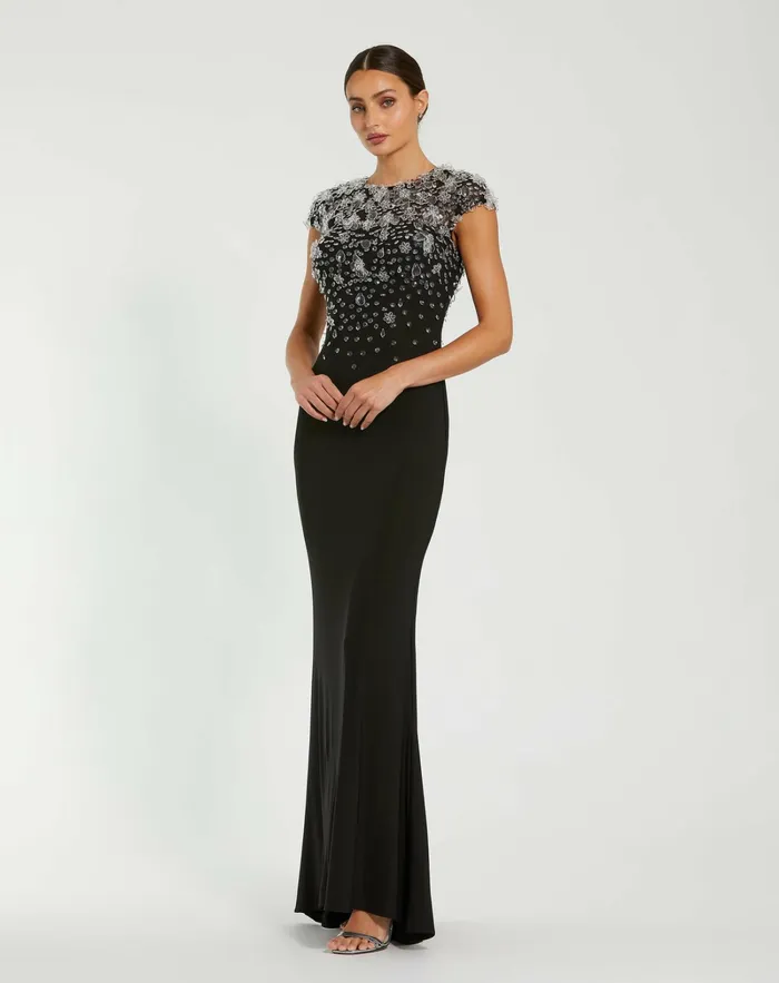Evening Gowns Crystal Embellished Jersey Fitted Cap Sleeve Gown Black Mac Duggal Women