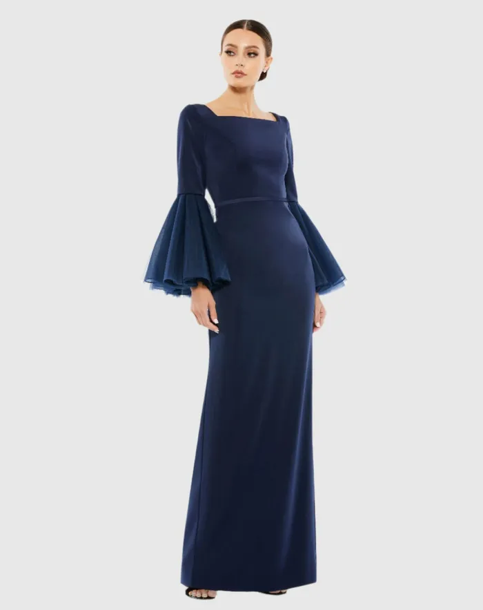 Evening Gowns Flounce Sleeve Square Neck Column Gown Navy 8211 Mac Duggal Women