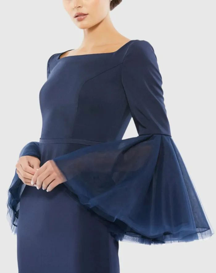 Evening Gowns Flounce Sleeve Square Neck Column Gown Navy 8211 Mac Duggal Women Evening Gowns Flounce Sleeve Square Neck Column Gown Navy 8211 Mac Duggal Women