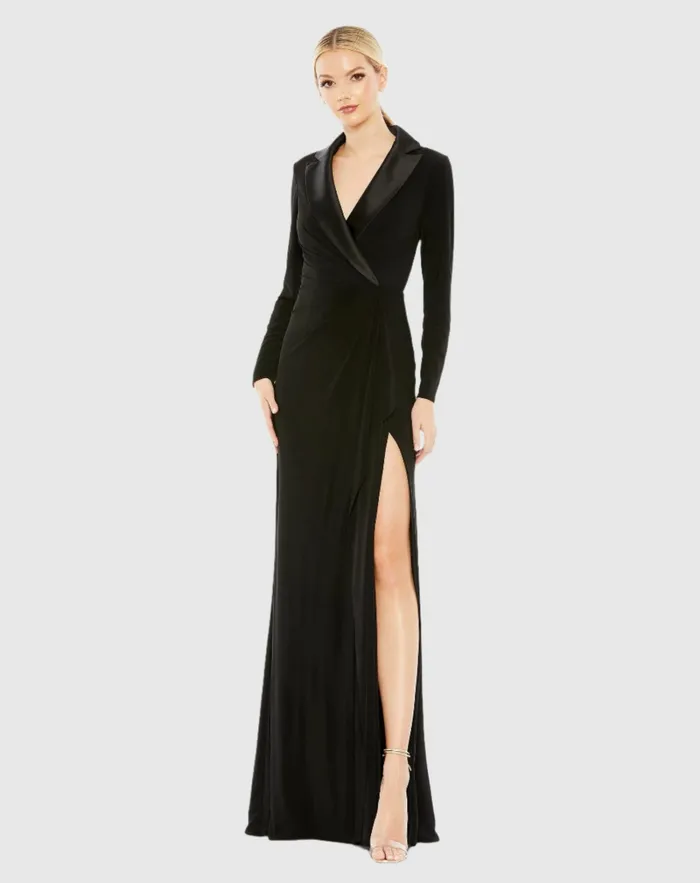 Evening Gowns Long Sleeve Faux Tuxedo Gown Black Mac Duggal Women
