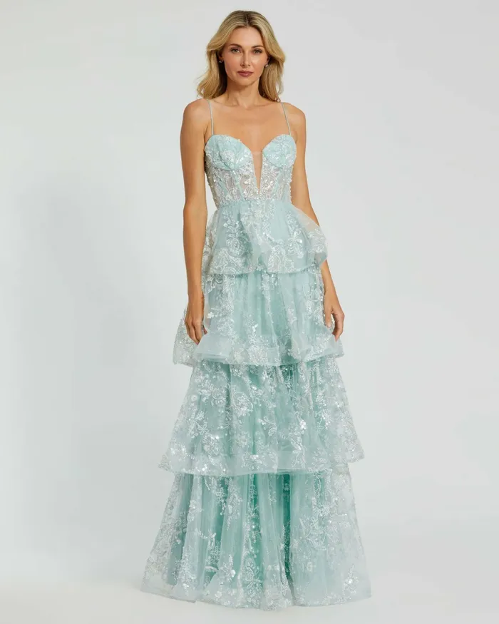 Evening Gowns Spaghetti Strap Applique Tiered Ruffle Gown Mint Mac Duggal Women