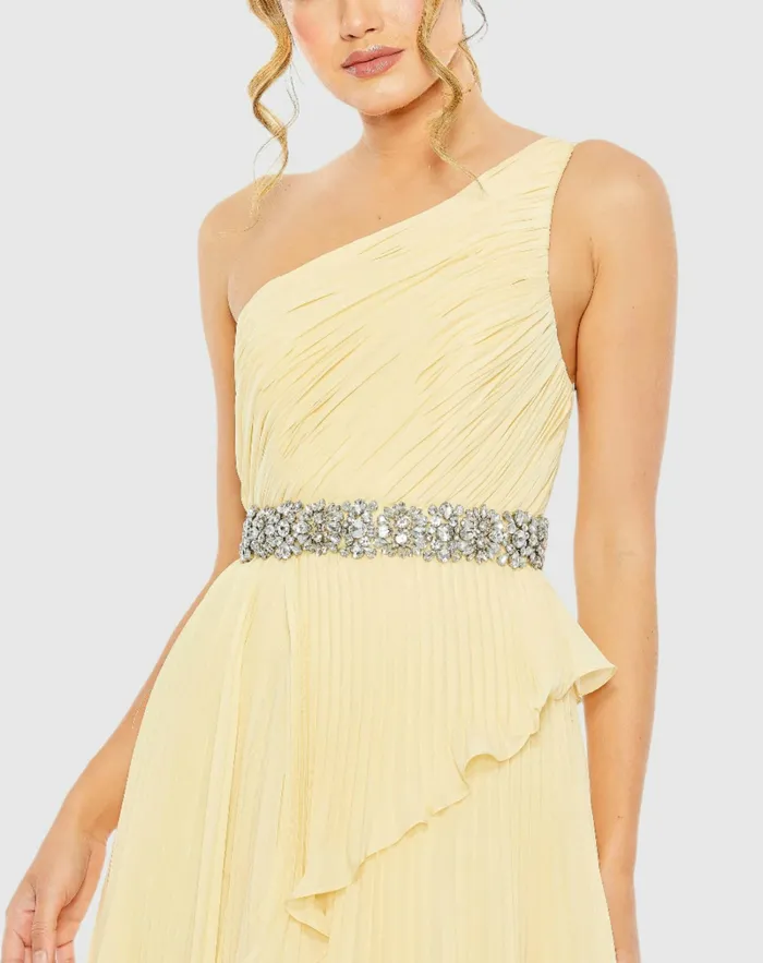 Evening Gowns Yellow Pleated One Shoulder Asymmetrical Ruffle Hem Gown Butter Mac Duggal Women Evening Gowns Yellow Pleated One Shoulder Asymmetrical Ruffle Hem Gown Butter Mac Duggal Women