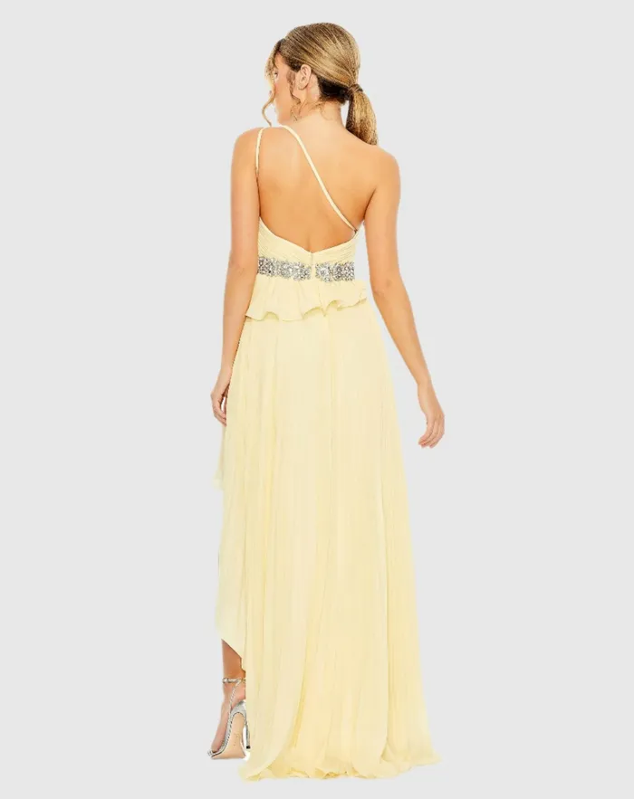 Evening Gowns Yellow Pleated One Shoulder Asymmetrical Ruffle Hem Gown Butter Mac Duggal Women Evening Gowns Yellow Pleated One Shoulder Asymmetrical Ruffle Hem Gown Butter Mac Duggal Women