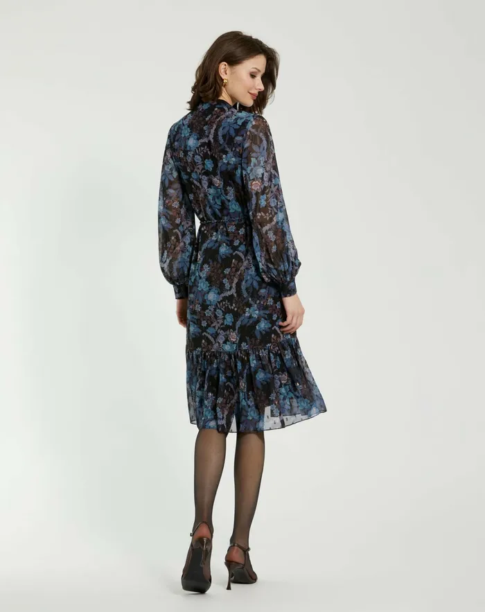 Every Day Dresses Mac Duggal Women Lurex Chiffon Bishop Sleeve Button Up Midi Dress Black Multi