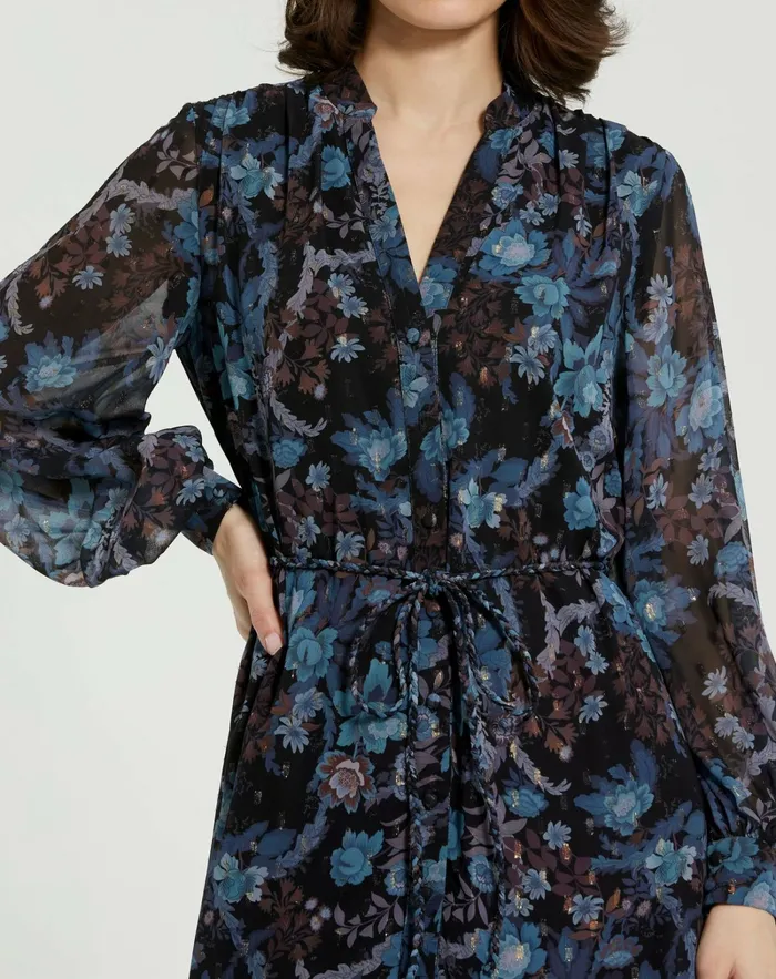 Every Day Dresses Mac Duggal Women Lurex Chiffon Bishop Sleeve Button Up Midi Dress Black Multi