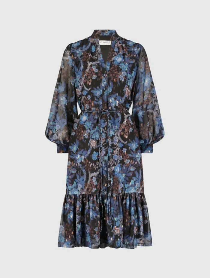 Every Day Dresses Mac Duggal Women Lurex Chiffon Bishop Sleeve Button Up Midi Dress Black Multi