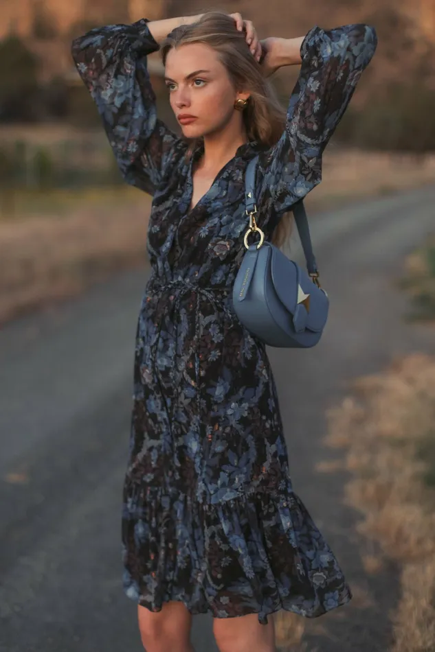 Every Day Dresses Mac Duggal Women Lurex Chiffon Bishop Sleeve Button Up Midi Dress Black Multi