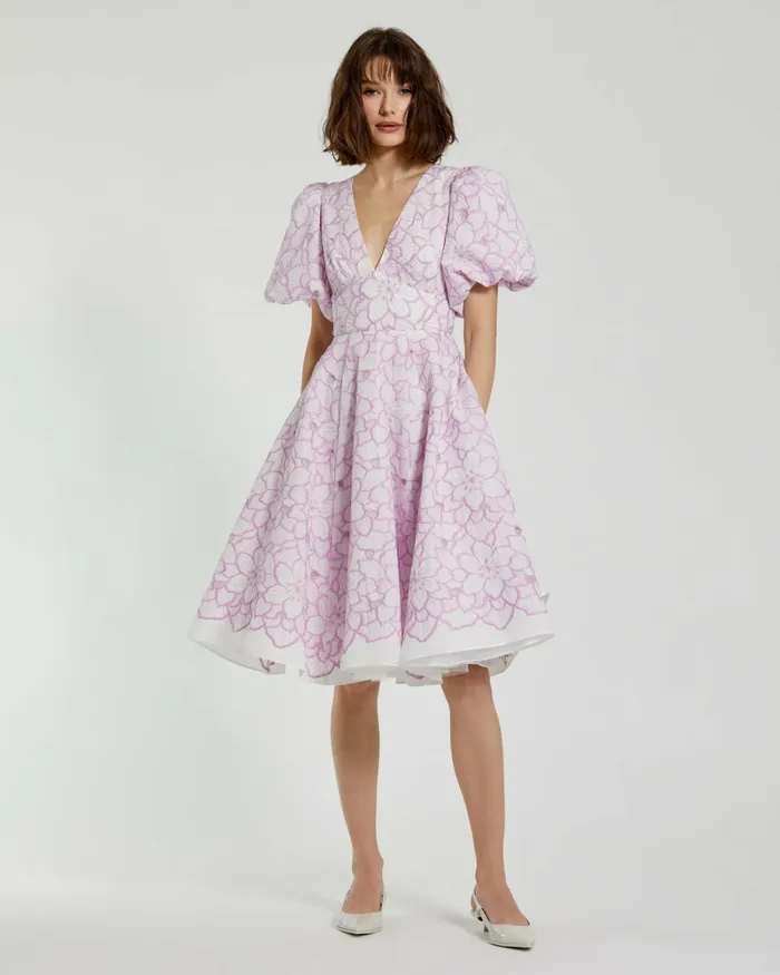 Every Day Dresses Women Mac Duggal Embroidered Floral Puff Sleeve Dress Orchid White