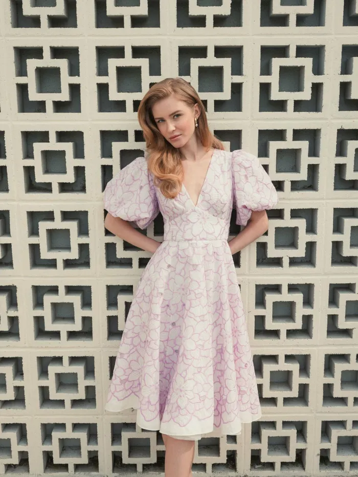 Every Day Dresses Women Mac Duggal Embroidered Floral Puff Sleeve Dress Orchid White