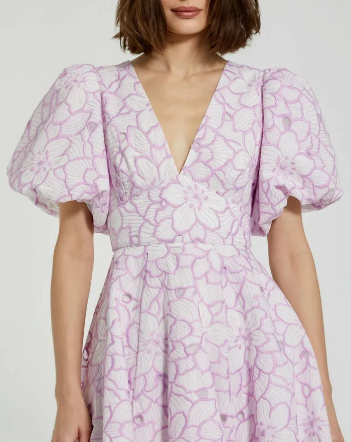 Every Day Dresses Women Mac Duggal Embroidered Floral Puff Sleeve Dress Orchid White