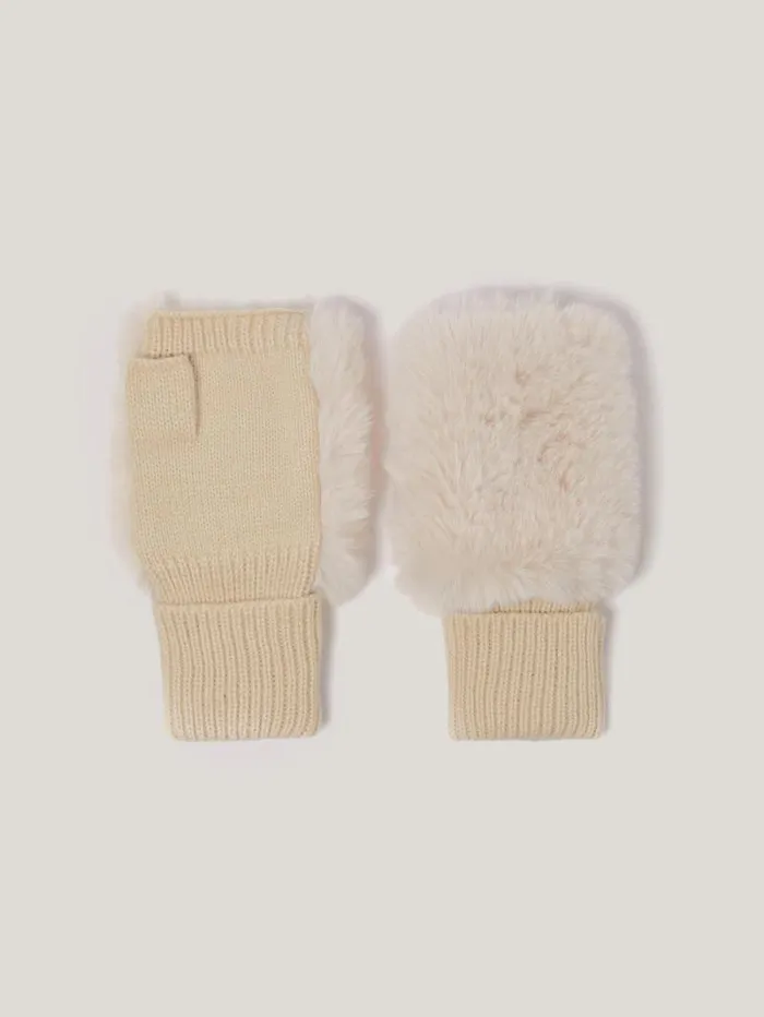 Faux Fur Mittens Cream Women Jigsaw Hats and Gloves