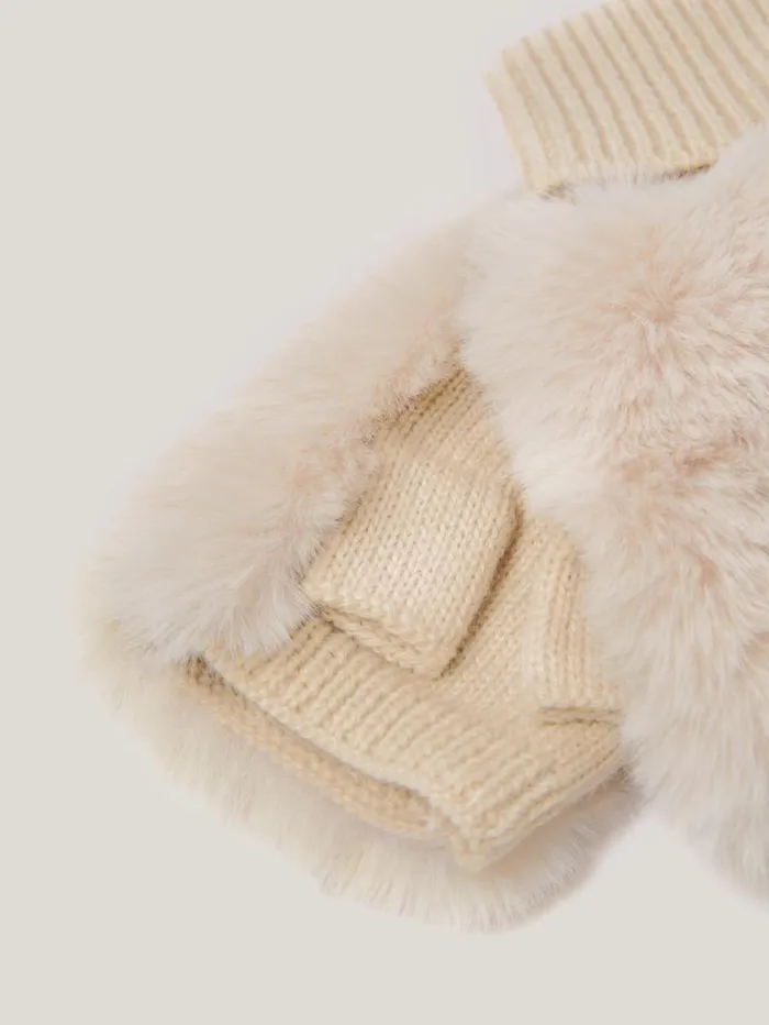 Faux Fur Mittens Cream Women Jigsaw Hats and Gloves