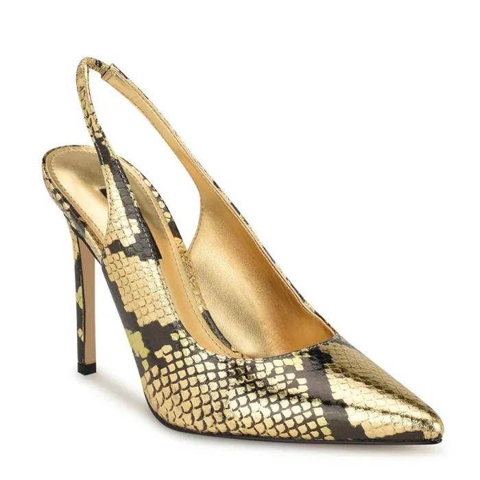 Feather Pointy Toe Slingback Pumps Gold Snake Women Nine West Heels Feather Pointy Toe Slingback Pumps Gold Snake Women Nine West Heels