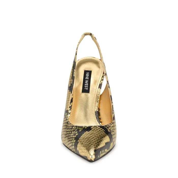 Feather Pointy Toe Slingback Pumps Gold Snake Women Nine West Heels Feather Pointy Toe Slingback Pumps Gold Snake Women Nine West Heels
