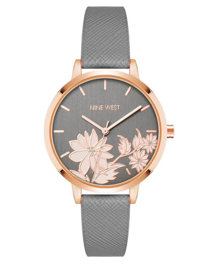 Floral Dial Saffiano Strap Watch Grey Women Nine West Straps
