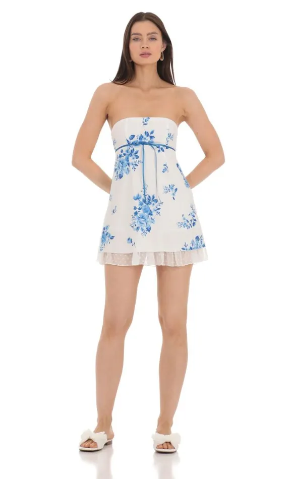 Floral Dotted Strapless Dress White Women LUCY IN THE SKY Mini Dresses