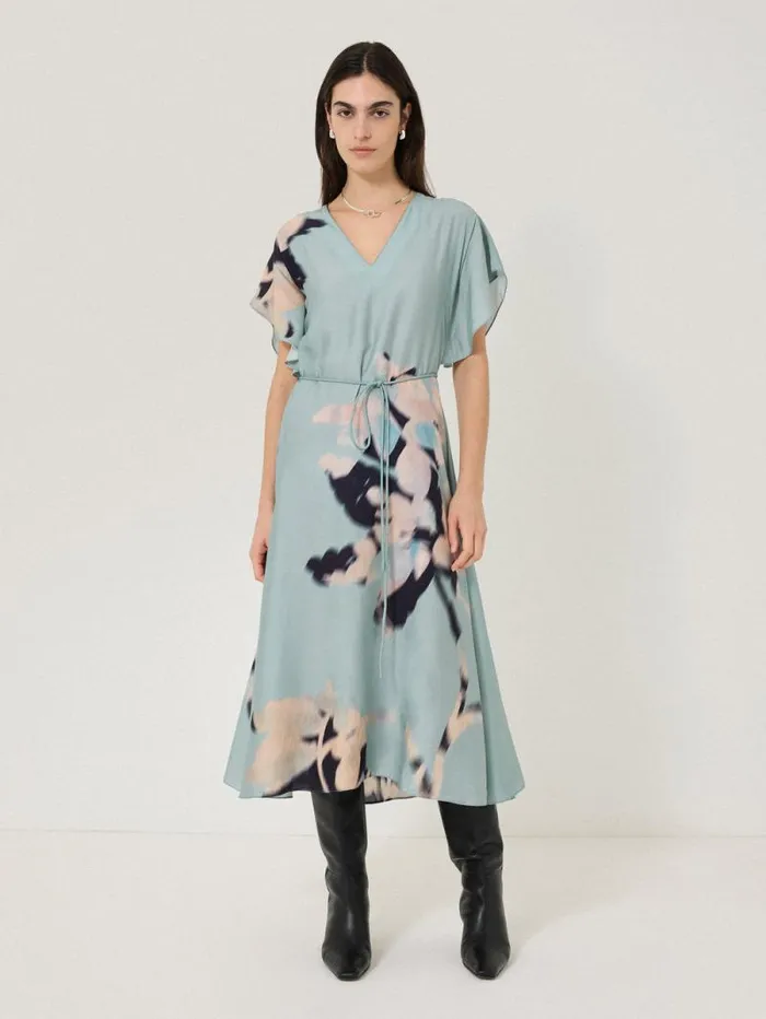 Floral Drift Silk Blend Dress Blue Women Jigsaw Dresses and Jumpsuits