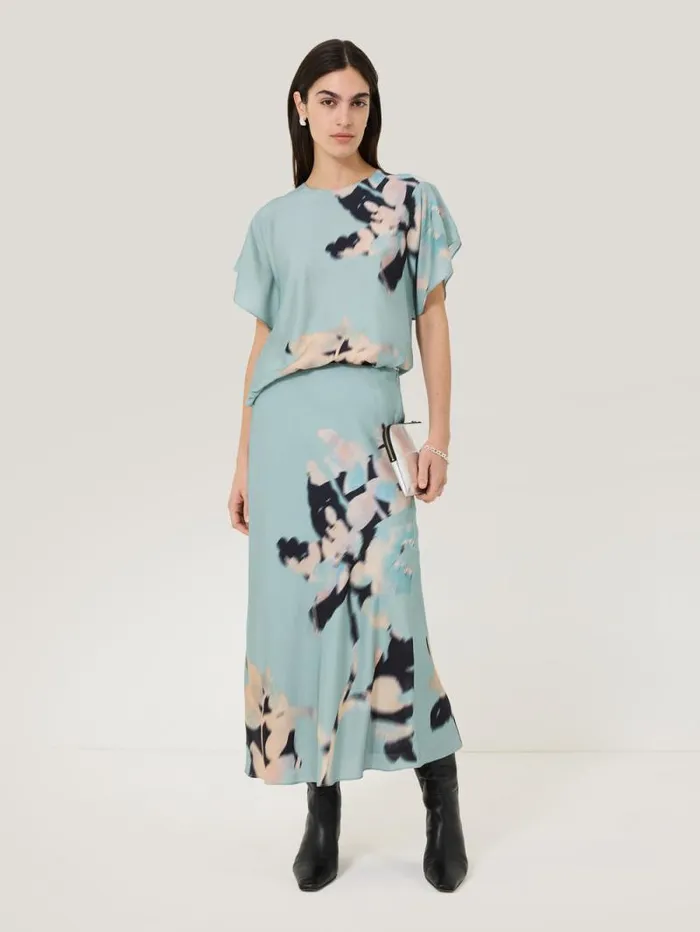 Floral Drift Silk Blend Skirt Blue Women Jigsaw Skirts