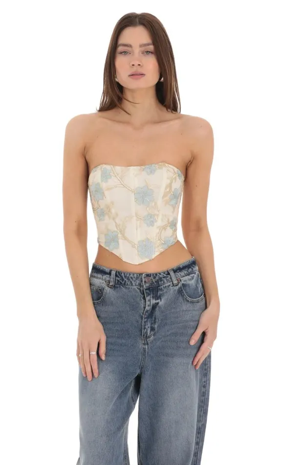Floral Embroidered Corset Top On Cream Floral Embroidered Corset Top On Cream Women LUCY IN THE SKY Tops