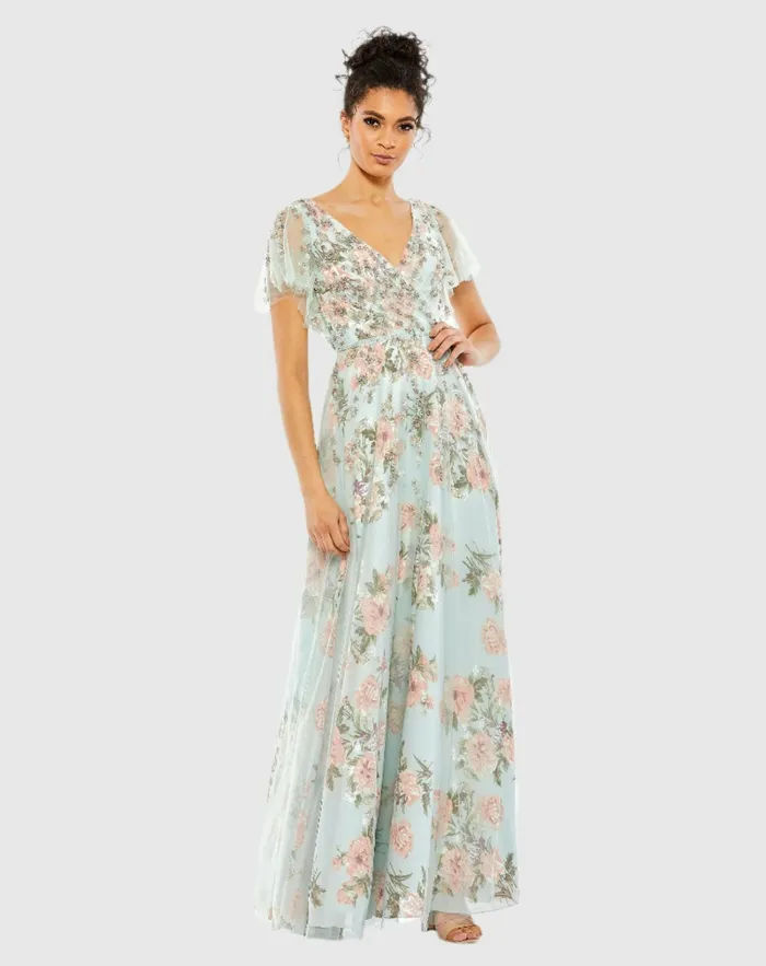 Floral Flutter Sleeve VNeck Maxi Dress Blue Multi Daytime Dresses Mac Duggal Women