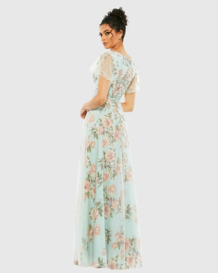 Floral Flutter Sleeve VNeck Maxi Dress Blue Multi Daytime Dresses Mac Duggal Women